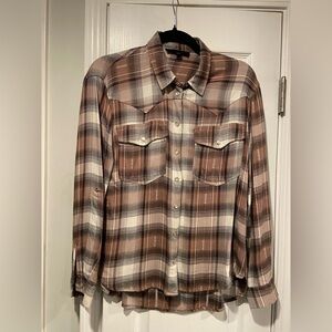 Jane & Delancey Size S Brown Plaid Flannel Western Pearl Snap Front Shirt